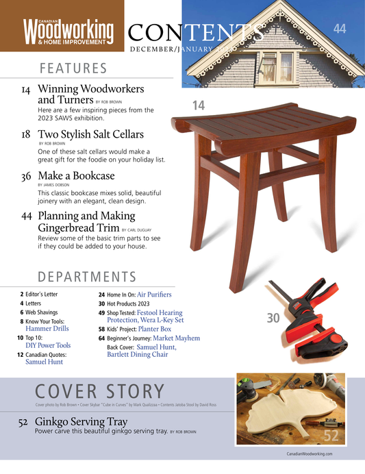 Woodworking magazine content page with a wooden stool and tools
