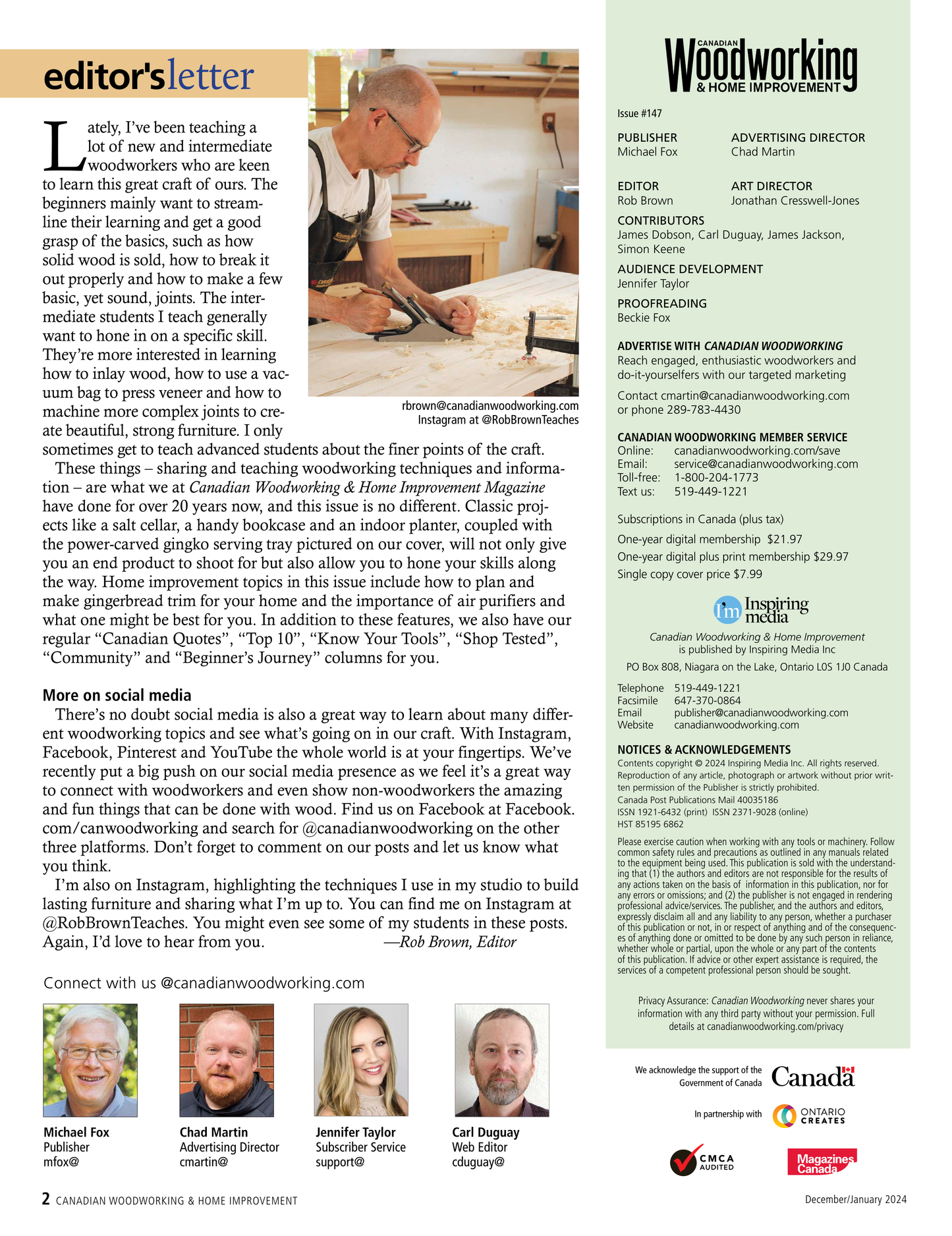 Woodworking magazine editor's letter and contributor list