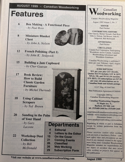 Table of contents page from a Canadian Woodworking magazine from August 1999.