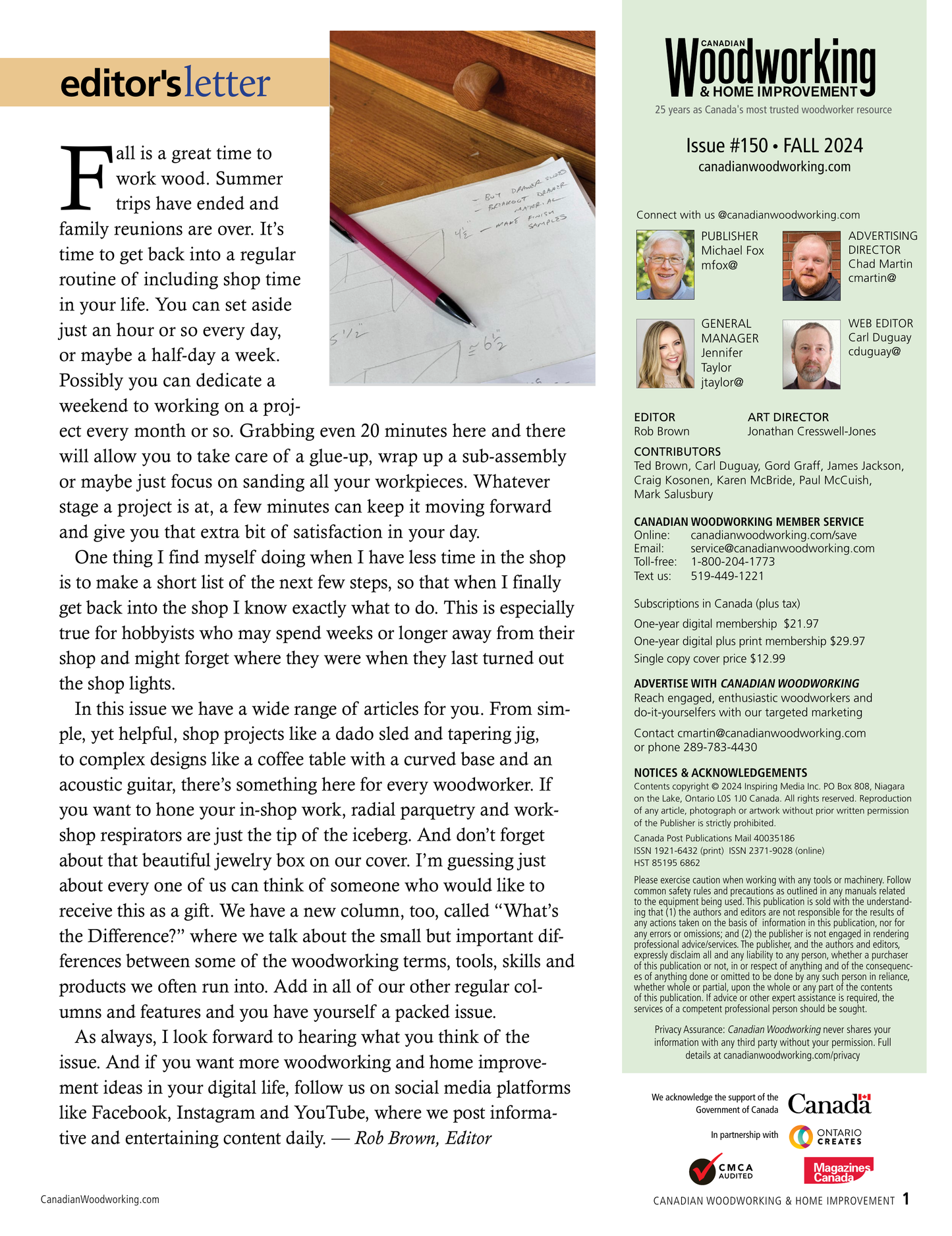 Woodworking magazine issue with editor's letter.
