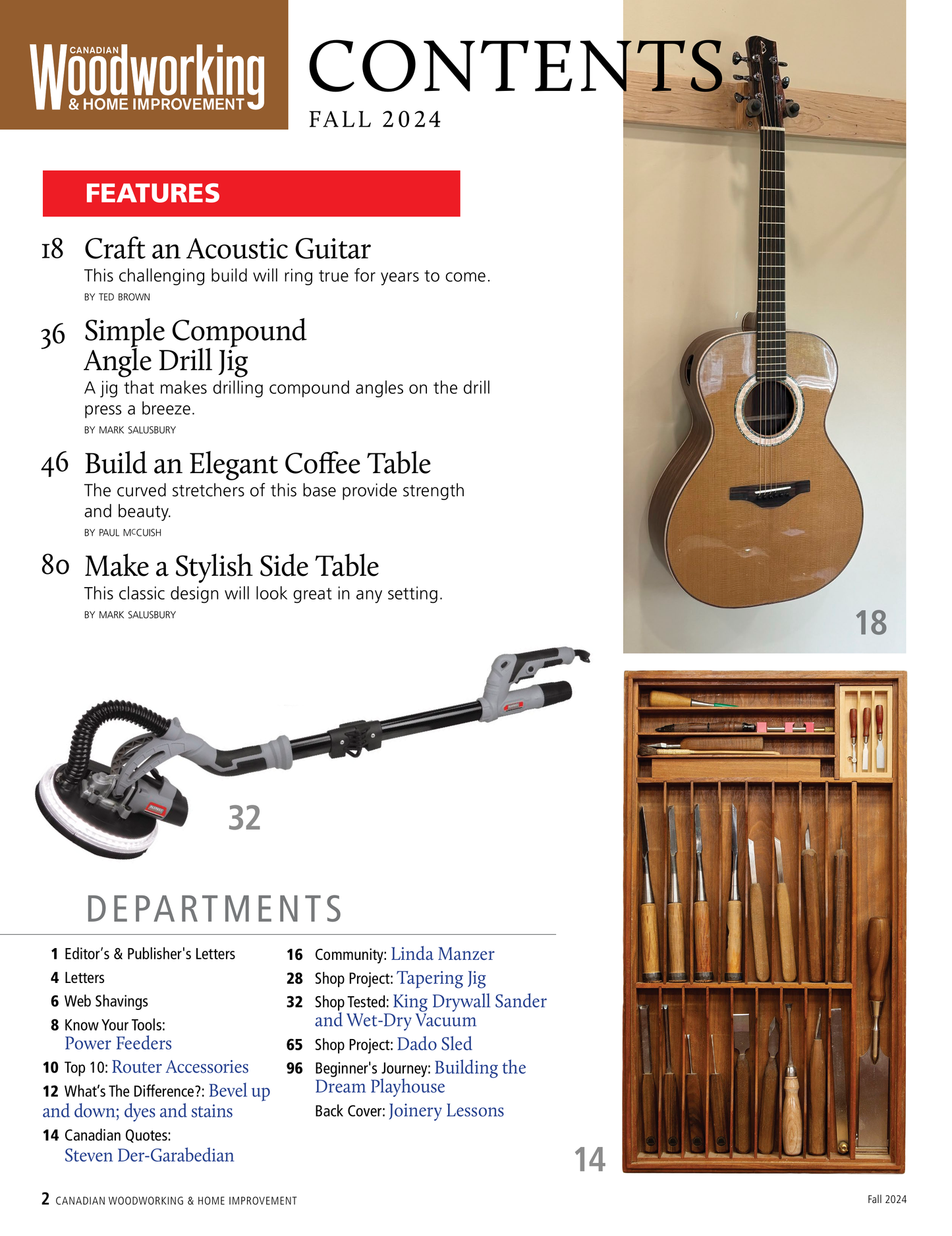Woodworking magazine contetnts with guitar, tools, and text on a white background