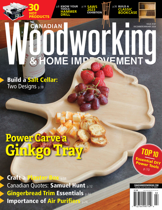 Cover of Canadian Woodworking & Home Improvement magazine featuring a ginkgo tray with food.