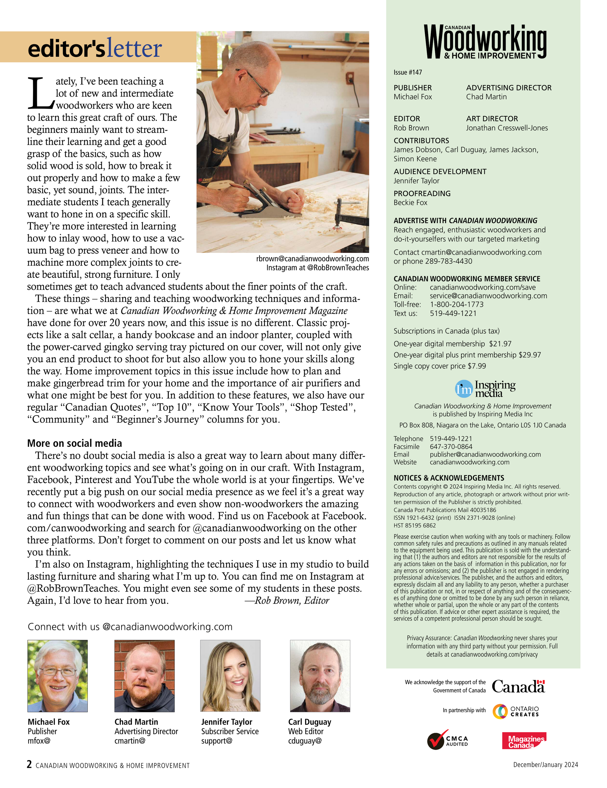 Woodworking magazine editor's letter and contributor list