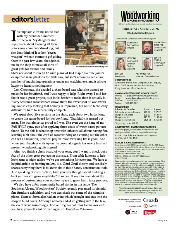 Canadian Woodworking spring 2026 editor's letter
