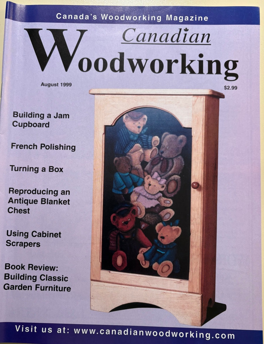 Cover of 'Canadian Woodworking' magazine featuring a wooden cabinet with teddy bears on a blue background.