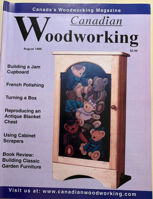 Cover of 'Canadian Woodworking' magazine featuring a wooden cabinet with teddy bears on a blue background.