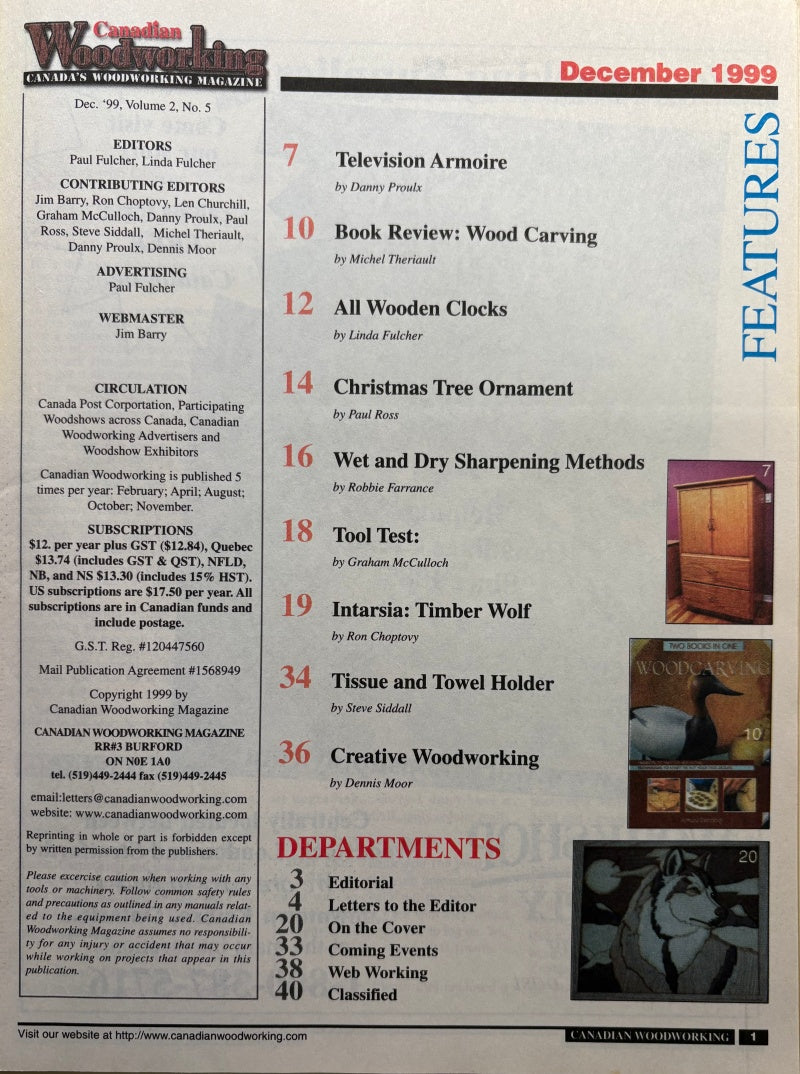Table of contents page from December 1999 Canadian Woodworking magazine featuring features and departments.