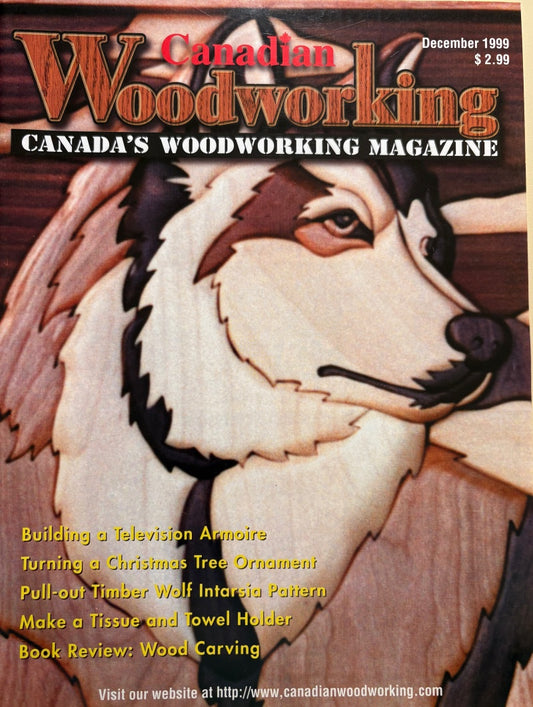 Cover of Canadian Woodworking magazine featuring intarsia of a wolf's face.