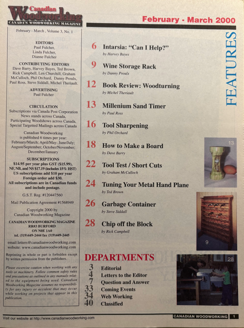 Table of contents page from Canadian Woodworking Magazine featuring features and departments for February-March 2000.