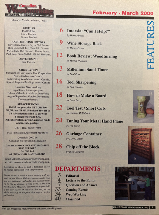 Table of contents page from Canadian Woodworking Magazine featuring features and departments for February-March 2000.