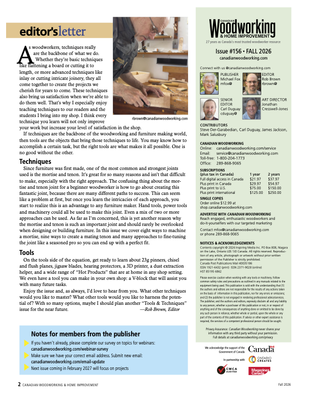 Canadian Woodworking fall 2026 editors letter