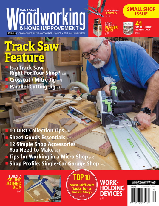 Cover of Canadian Woodworking & Home Improvement magazine featuring a man using a track saw.
